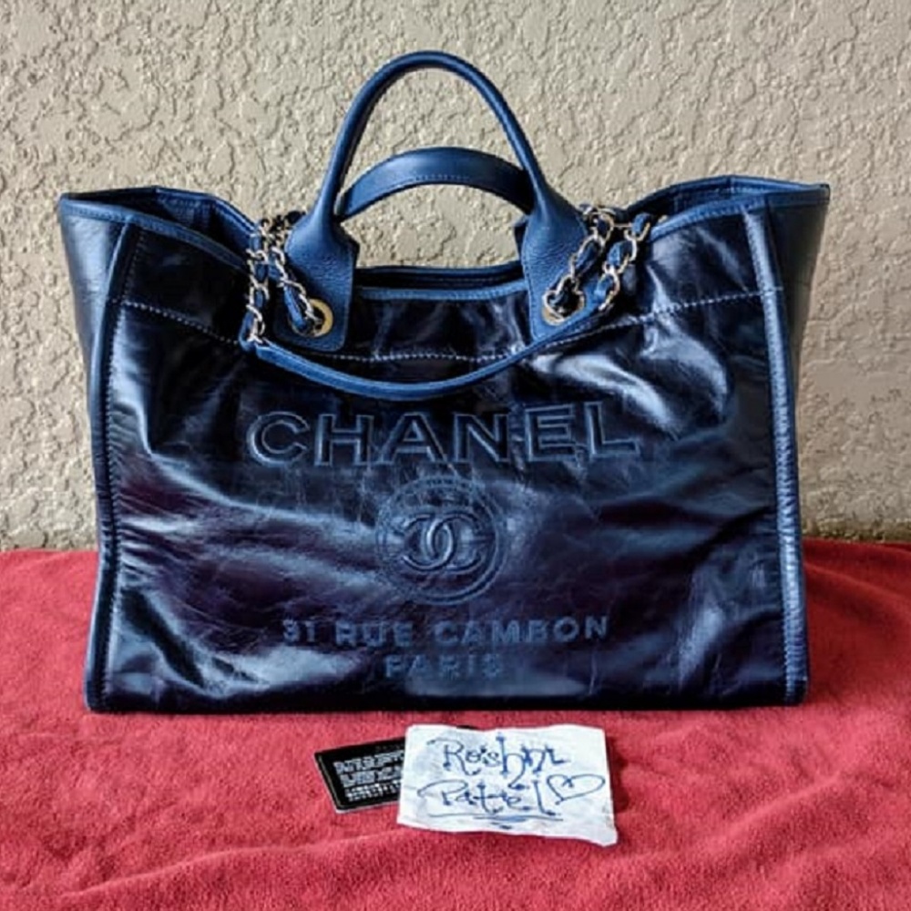 Chanel Deauville Navy Glazed Large Calfskin Tote